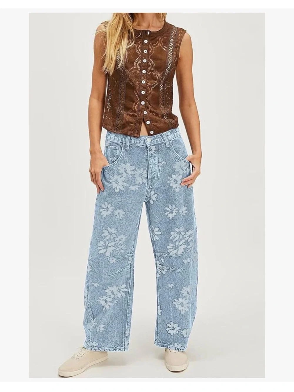 Women's Light Blue Floral Print Barrel Jeans - Picture 5 of 6